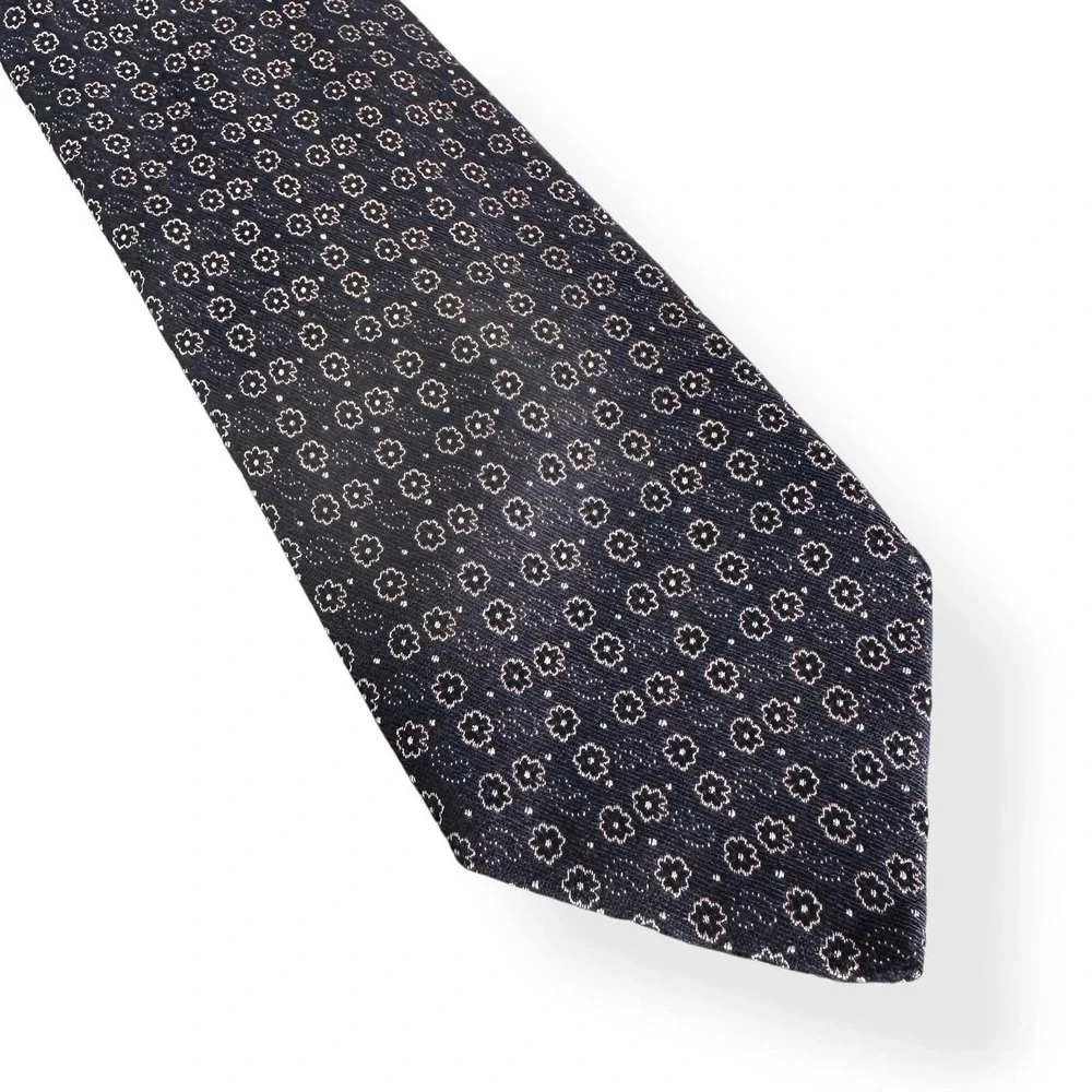 Vtg Villa Ponti Mens Silk Tie Navy Blue‎ OS Floral Geometric Old Money Academia